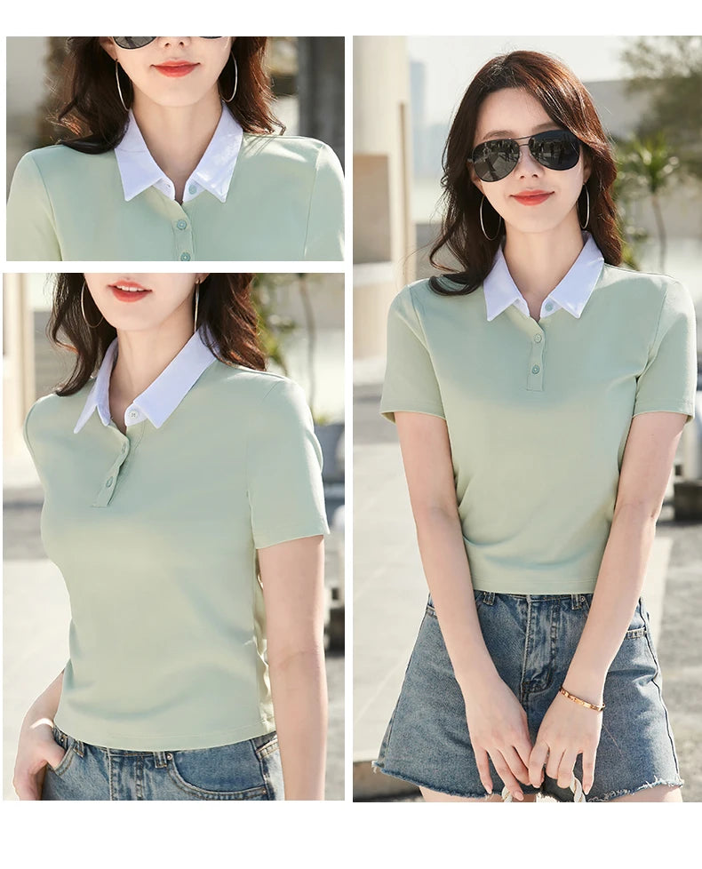 Summer New Cotton Polo Shirt Solid Color Polo Neck Short Sleeve High Waist Short Style Slim Fit Fashion Casual Women's Shirt