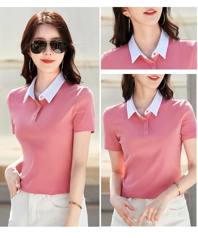 Summer New Cotton Polo Shirt Solid Color Polo Neck Short Sleeve High Waist Short Style Slim Fit Fashion Casual Women's Shirt