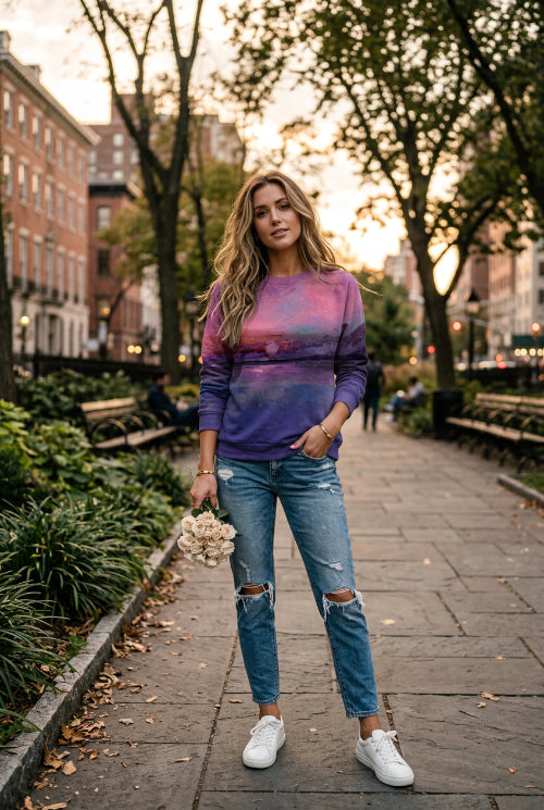 A woman wearing a long-sleeve crewneck sweatshirt with a purple and pink watercolor sunset print, paired with blue jeans and holding a small bouquet of white roses.