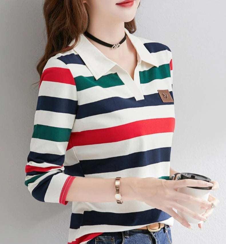 Slimming Striped Polo T-Shirt for Women 100% Cotton Long Sleeve Innerwear for 2026 Transitional Wardrobe