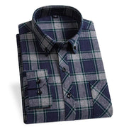 Folded plaid shirt with blue and gray pattern on a white background