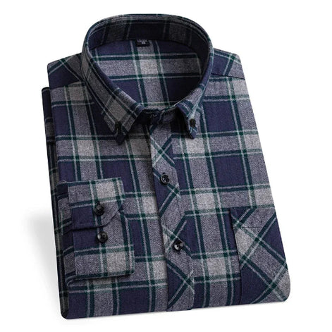 Folded plaid shirt with blue and gray pattern on a white background
