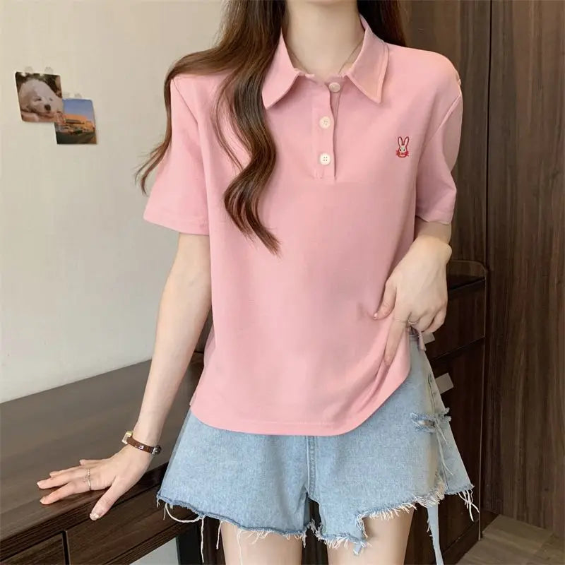 Pink Woman 100℅ Cotton Tshirt Embroidery Polo Neck T Shirt for Women Korean Clothing Y2k Fashion High Quality Youthful Elegant