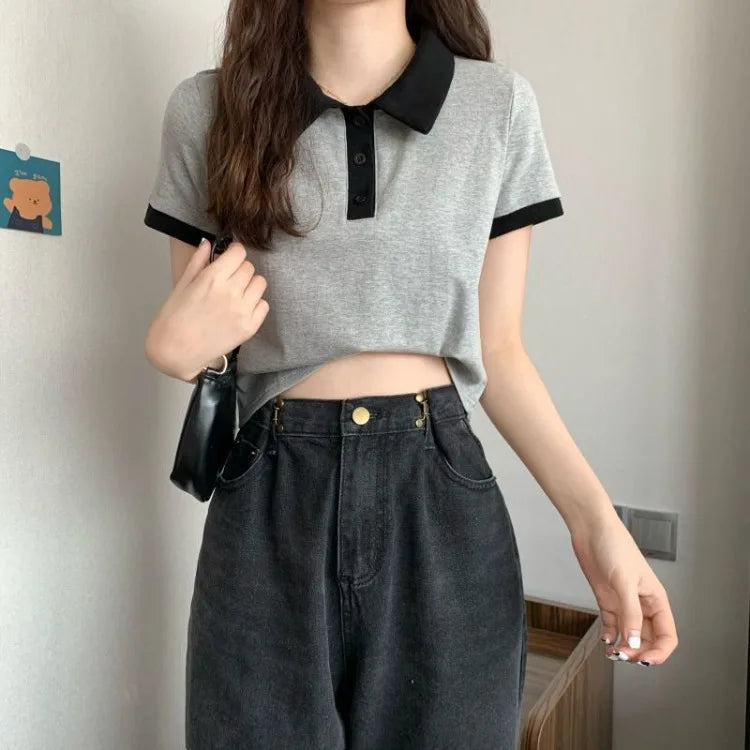 Summer 2026 Women New Arrival Slim Fit Versatile Polo Collar Color Block Short T Shirt Short Sleeve Unique Top Ins Trendy