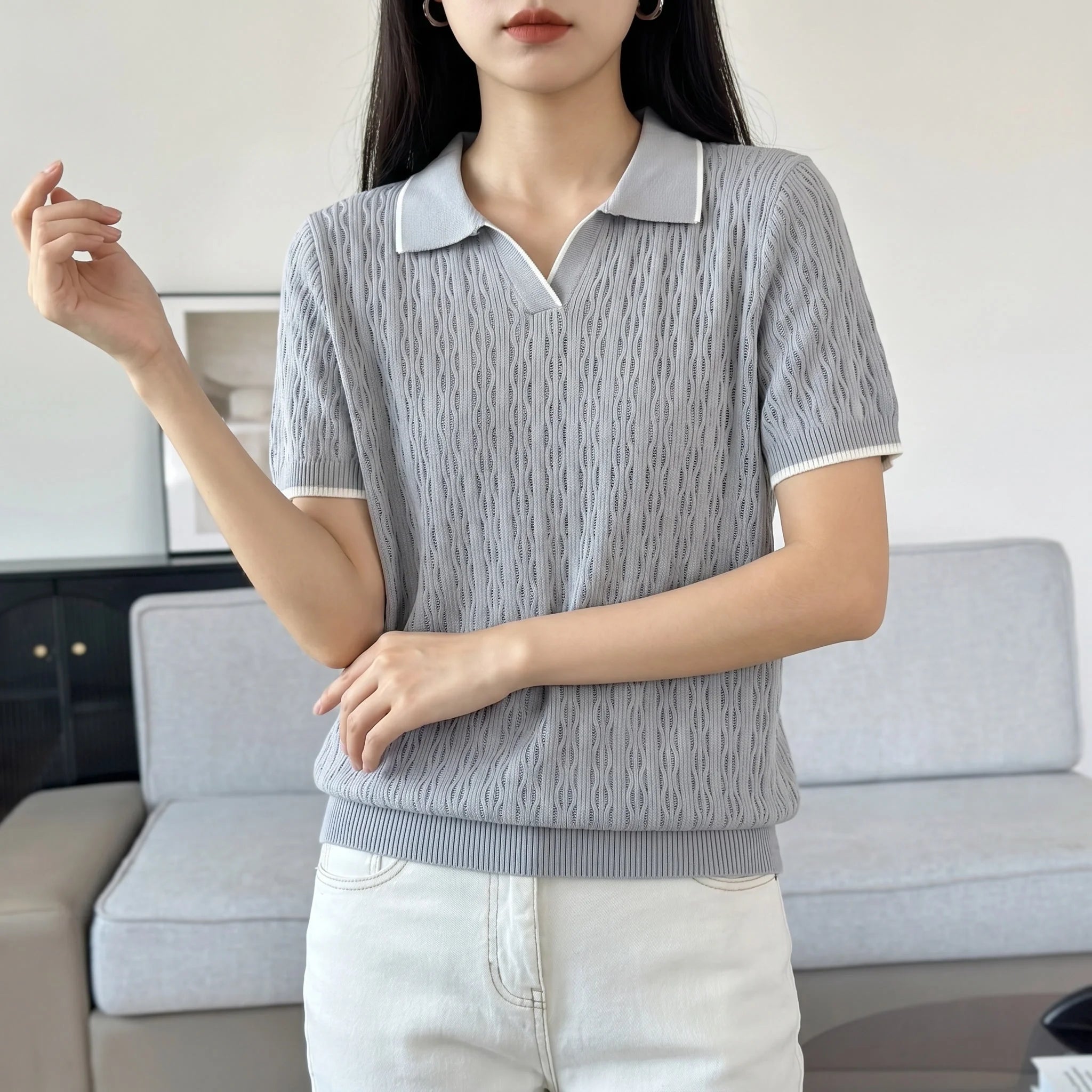 WinvyNee Spring Summer Women Cotton Polo V Collar Sweater Knitted Top Green Solid Short Sleeve Casual Pullover T-Shirt ZA1002042