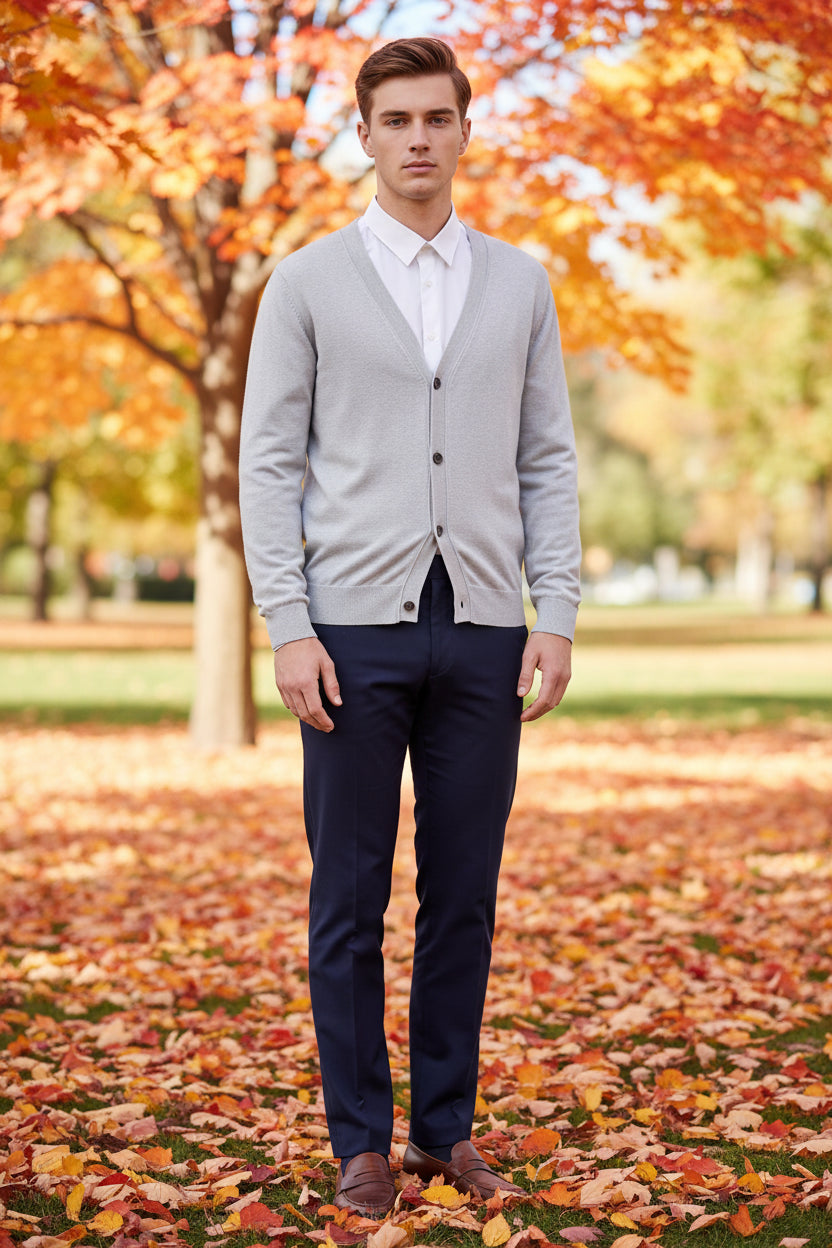 Gray cardigan over a white shirt on a wooden hanger against a dark background