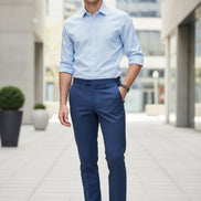lite Blue Button Down Shirt Dark Blue Pants wearing ouside