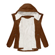 Brown hooded jacket shown open to reveal white fleece-look lining, an inner pocket, zipper closure and snap-button storm flap