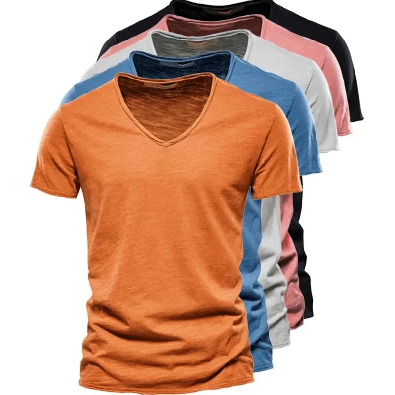 2025 New Brand Quality 100% Cotton Men T-shirt V-neck Fashion Design Slim Fit T-shirts Male Tops Tees Short Sleeve T Shirt Men
