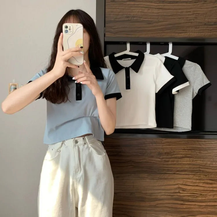 Summer 2026 Women New Arrival Slim Fit Versatile Polo Collar Color Block Short T Shirt Short Sleeve Unique Top Ins Trendy