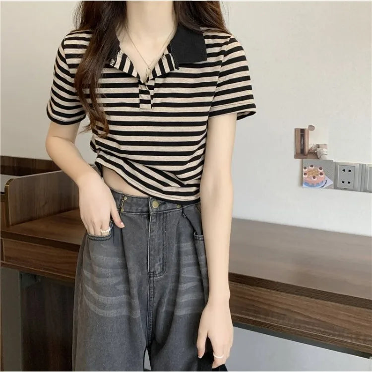 Chic V Neck Short Length Striped Short Sleeve Polo T Shirt For Women Summer 2026 New Niche Top