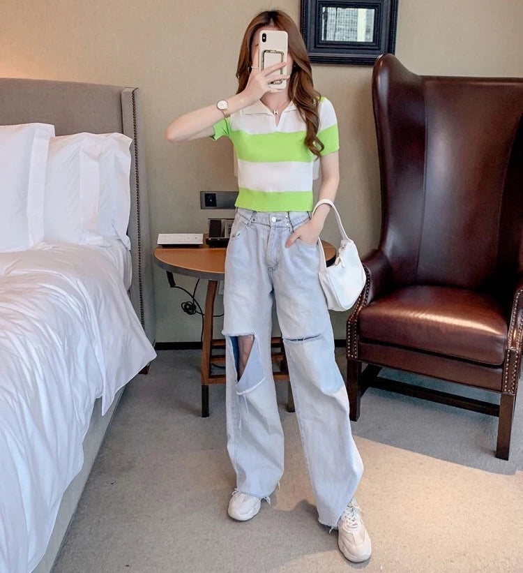 Female Polo Neck Tee Shirts Luxury Short Sleeve Fitted T Shirt High Quality Pullover Good Xxl Top Original Knitted Y2k Striped
