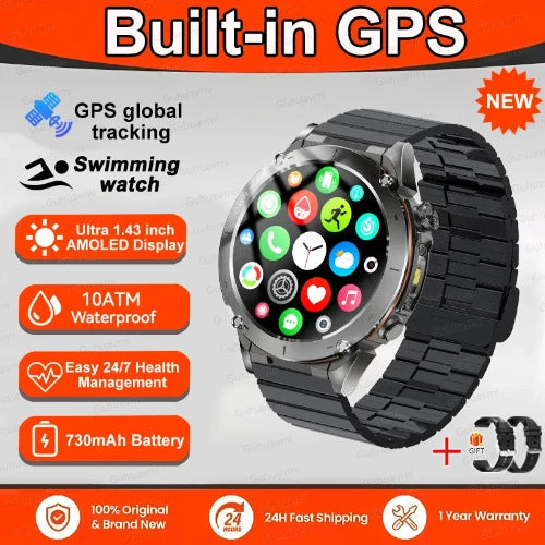 Smartwatch with built-in GPS features on a promotional background