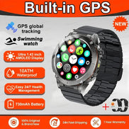 Smartwatch with built-in GPS features on a promotional background