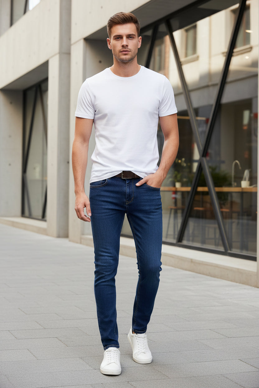Folded blue jeans with a brand label on a white surface