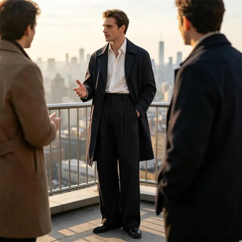 Men's Striped Dress Pants Old Money Wide Leg Baggy Pleated Casual Pinstriped Trousers Loose Fit Elastic Waist Vintage Slacks