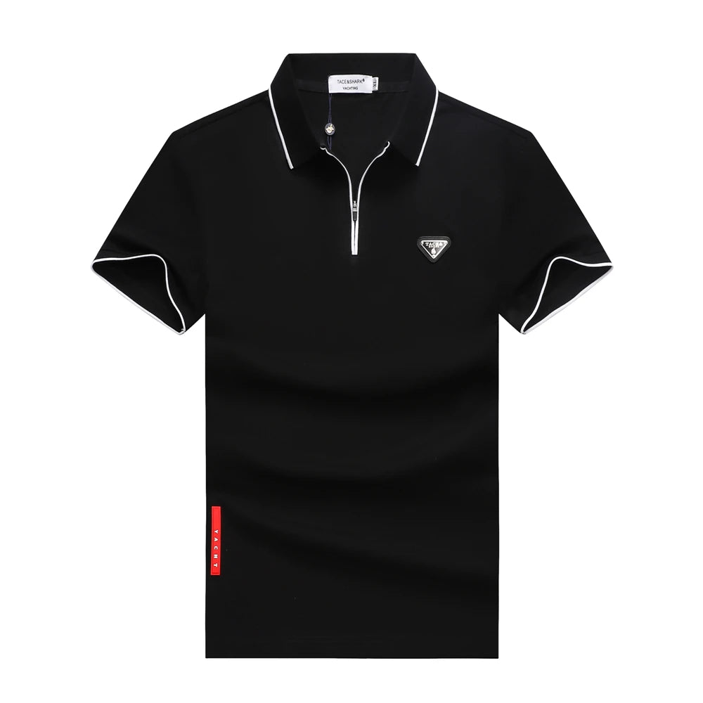 A black short-sleeve polo shirt with white contrast piping, a half-zip collar, and a small triangular chest logo, shown on a plain white background.