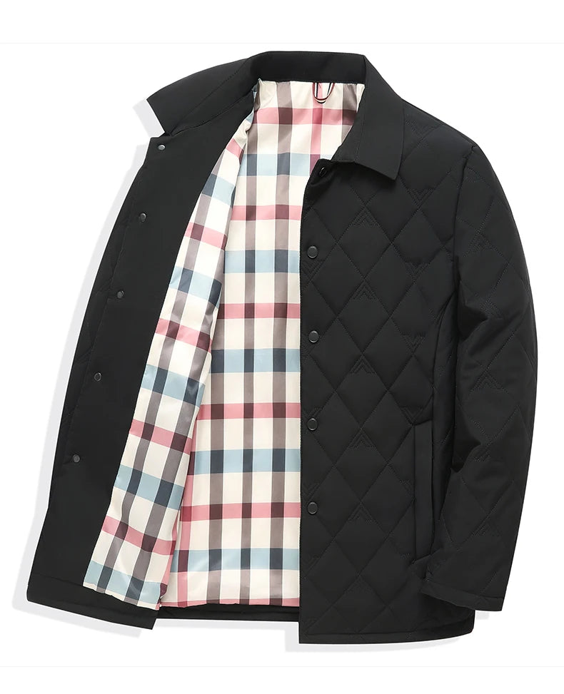Top Grade Men Parka Jacket Windbreaker Coats Diamond Quilted Bubble Coat Middle-aged Winter Warmth Turn-Down Collar Coat