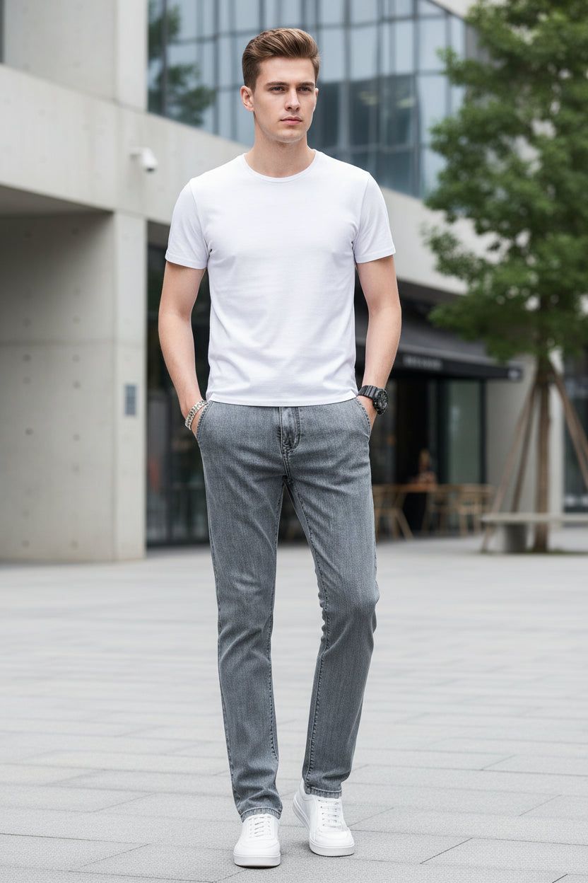 Stack of gray jeans with a person wearing them, KUBRO branding visible.