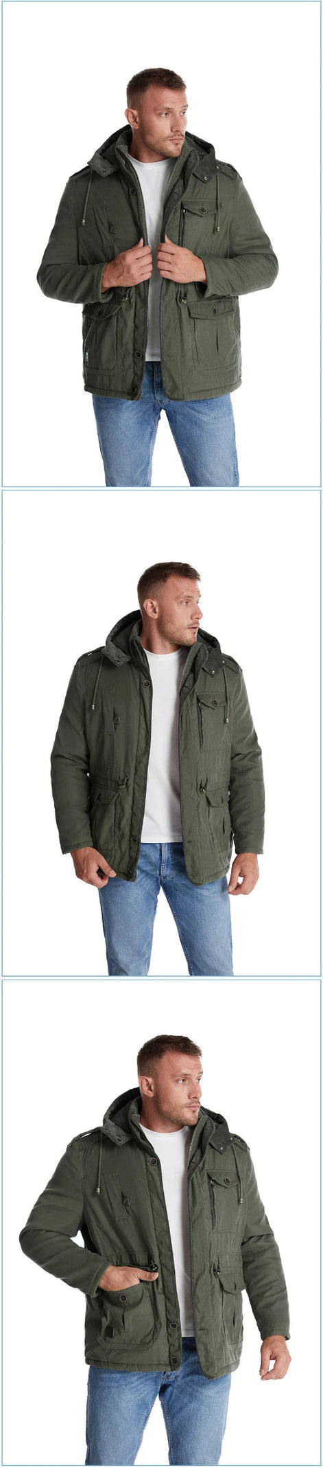 Three images of a man wearing a green jacket with a hood, standing against a white background.