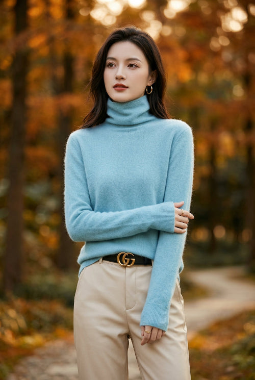 A woman wearing a fuzzy light blue turtleneck sweater, paired with beige trousers and a black belt with a gold buckle.