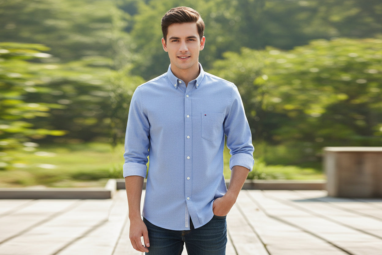 Folded light blue shirt with brand logo on a white background