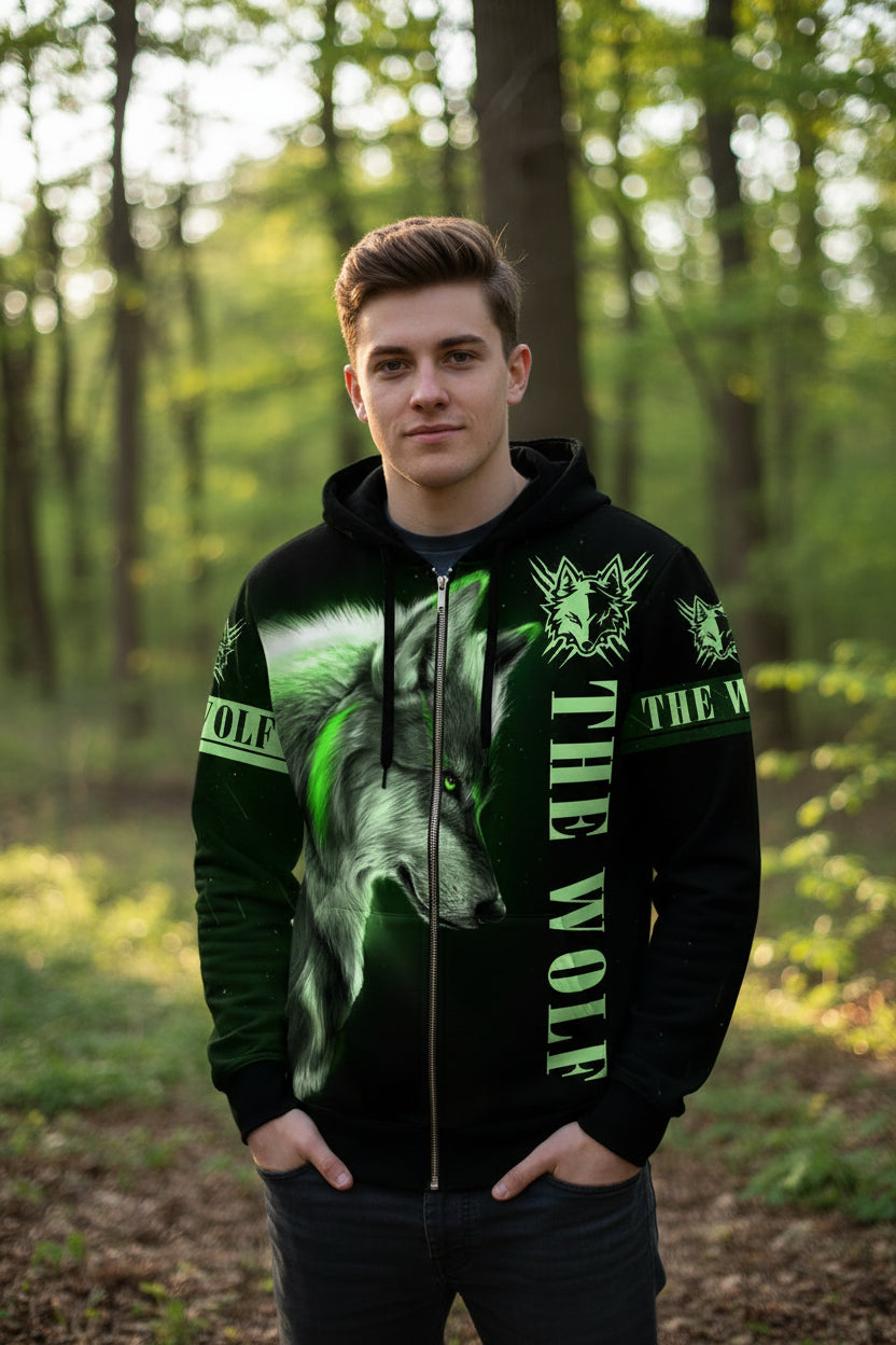 Black hoodie with green wolf design and 'The Wolf' text on a white background