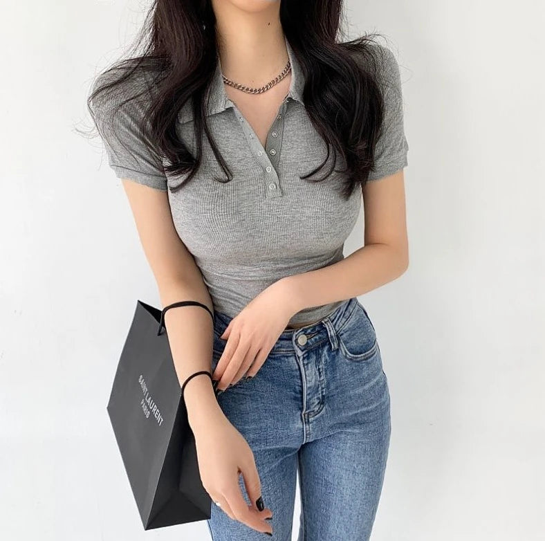 Polo Neck Shirt for Women Sexy Woman T Coquette Clothes Plain 100℅ Cotton Button Slim Korean Style with Collar Pretty Cheap Tops