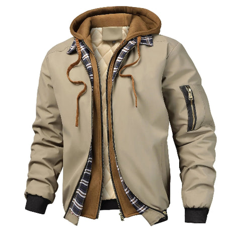 Beige jacket with plaid lining and brown accents on a white background
