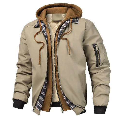 Beige jacket with plaid lining and brown accents on a white background