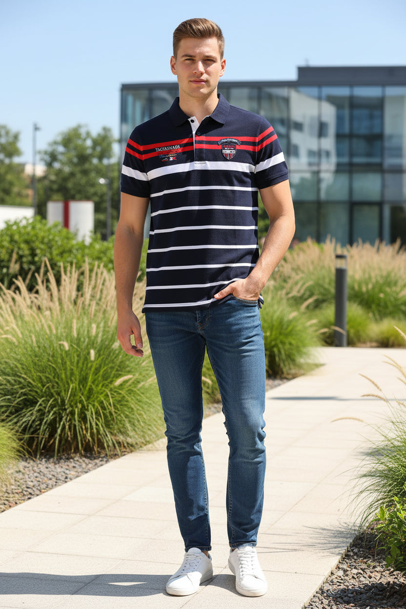 A short-sleeve polo shirt with horizontal navy, white, and red stripes, featuring 'TACAGASHARA' text and a shark logo on the chest, displayed on a white background with a TACE&SHARK brand watermark in the top-left corner.