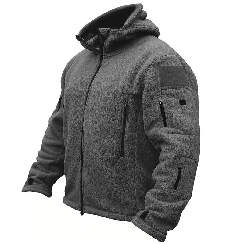 Gray tactical hoodie with multiple pockets on a white background