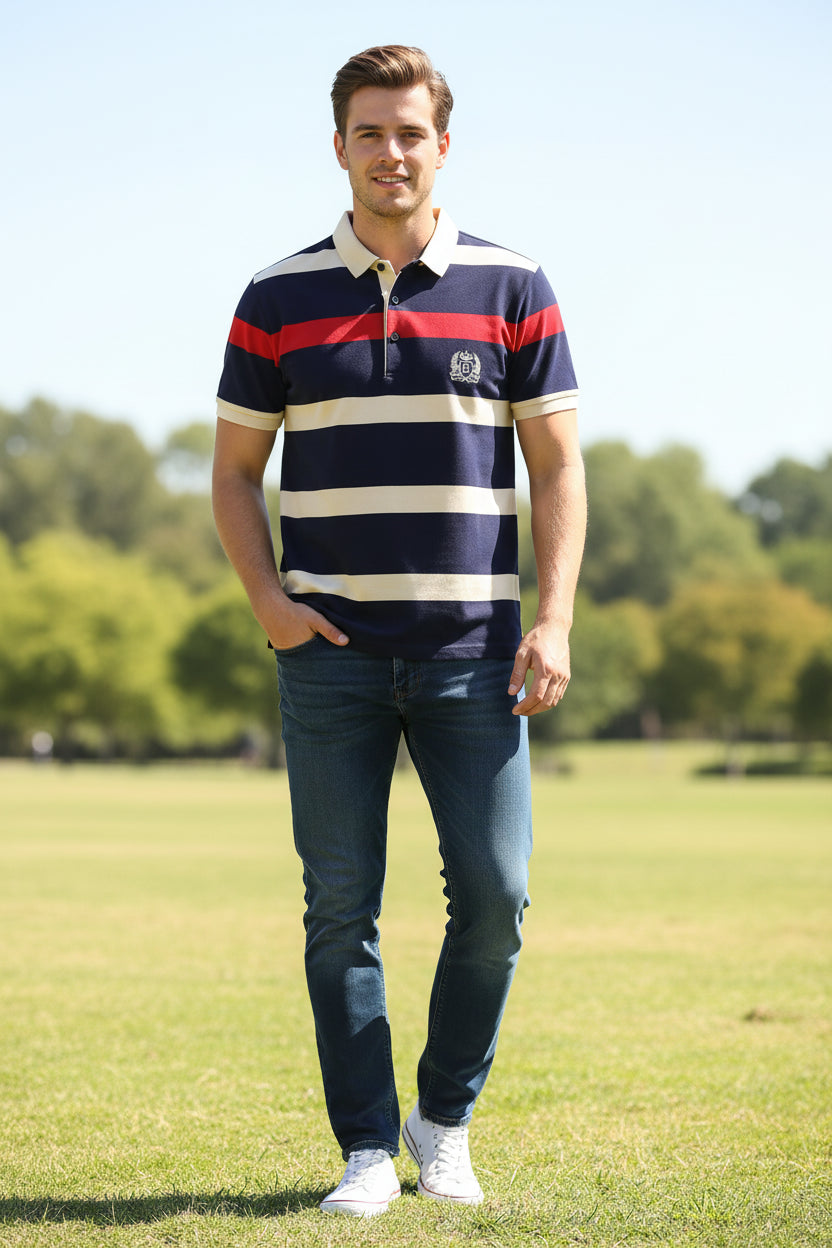 Navy blue polo shirt with red and beige stripes on a gray background, featuring the brand 'A8Z7'.