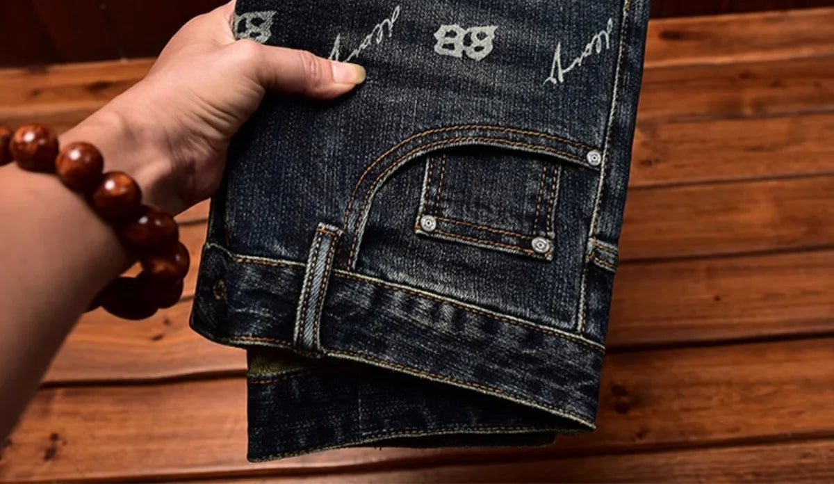 Autumn and winter light luxury printed jeans MEN'S slim fit skinny elastic trend fashionable retro blue denim trove