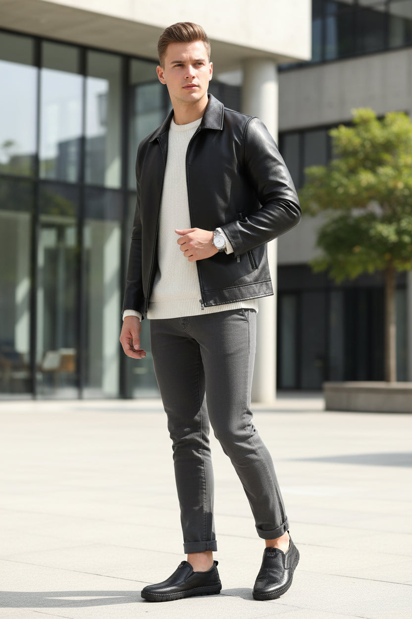Black leather slip-on shoe with a wooden block and gray surface background