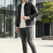 Black leather slip-on shoe with a wooden block and gray surface background