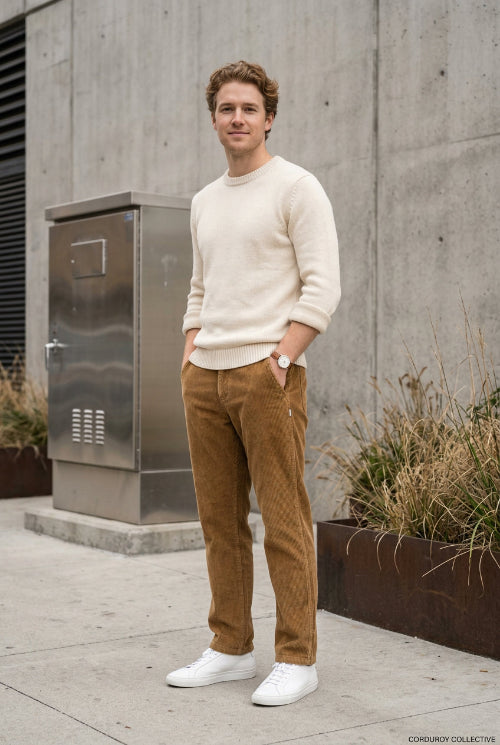 A pair of brown corduroy pants laid flat against a solid white background.