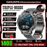Smartwatch with features highlighted on a promotional graphic for GUHUAVMI.