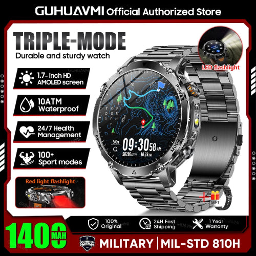 Smartwatch with features highlighted on a promotional graphic for GUHUAVMI.