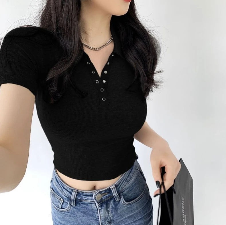 Polo Neck Shirt for Women Sexy Woman T Coquette Clothes Plain 100℅ Cotton Button Slim Korean Style with Collar Pretty Cheap Tops