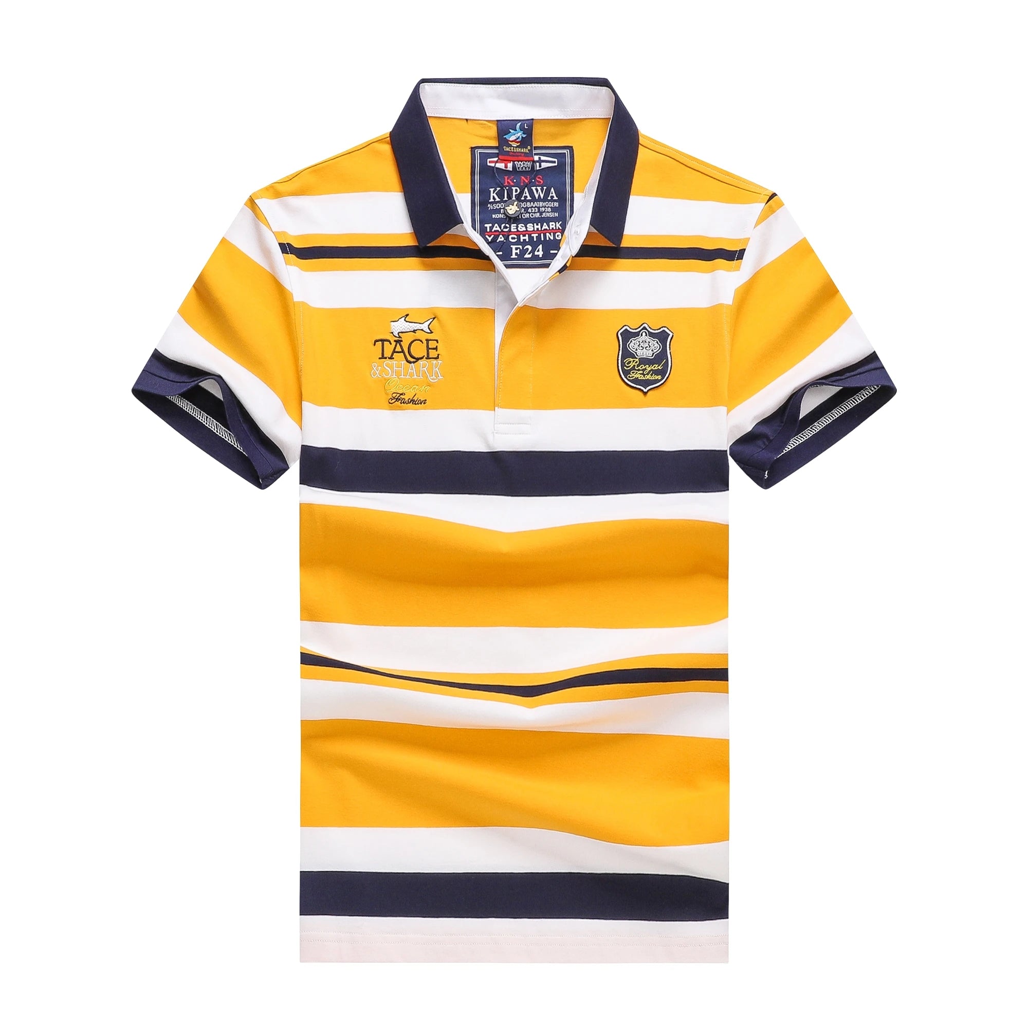 A short-sleeve polo shirt with horizontal yellow, white, and navy blue stripes, featuring a navy collar, sleeve cuffs, and chest graphics, displayed on a solid white background.
