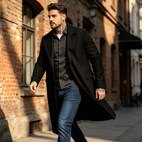 A man walking down a sunlit city street wearing a long black overcoat over a dark button-up shirt and blue jeans.