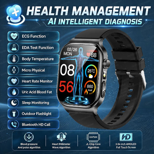 A black smartwatch with a rectangular screen and black strap, shown on a blue promotional graphic that reads 'HEALTH MANAGEMENT AI INTELLIGENT