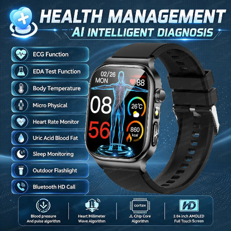 A black smartwatch with a rectangular screen and black strap, shown on a blue promotional graphic that reads 'HEALTH MANAGEMENT AI INTELLIGENT