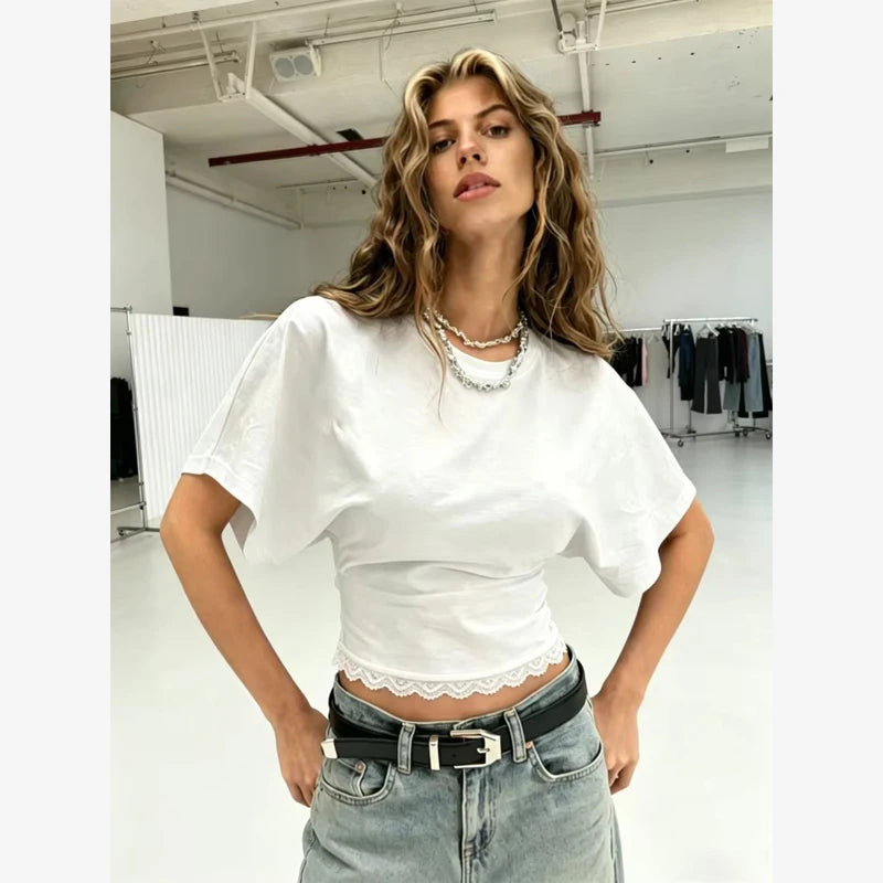 Versatile Regular-shoulder T-shirts Women Casual White Round Neck Irregular Hem Pleated Short Top Summer Lady Street Wear New