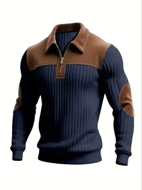 A men's long-sleeve quarter-zip pullover sweater with a navy blue ribbed body, brown collar and shoulder yoke, and brown elbow patches, shown on a plain white background.