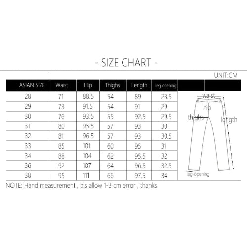 Size chart for pants with measurements in centimeters