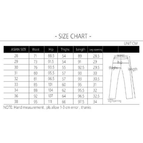 Size chart for pants with measurements in centimeters