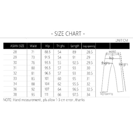 Size chart for pants with measurements in centimeters