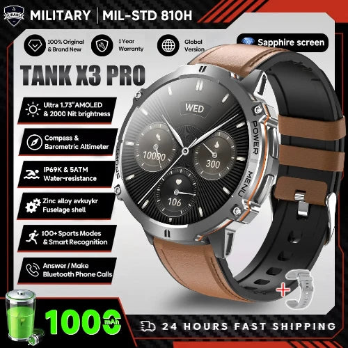 Tank X3 Pro smartwatch with brown leather strap on a promotional background